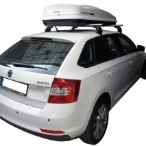 KIT ΜΕ ΜΠΑΡΕΣ ΟΡΟΦΗΣ ΓΙΑ SKODA RAPID SPACEBACK 5D 2013> ΑΛΟΥΜΙΝΙΟΥ & ΜΠΑΓΚΑΖΙΕΡΑ BOX 430 LT (ΛΕΥΚΗ-ΑΣΠΡΗ/ΓΥΑΛΙΣΤΕΡΗ) NORDRIVE Auto Moto Tyres 