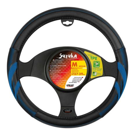 ΚΑΛΥΜΜΑ ΤΙΜΟΝΙΟΥ SUZUKA (M) 37/39cm ΔΕΡΜΑΤΙΝΗ ΜΑΥΡΟ/ΜΠΛΕ ΑΟΣΜΟ ECO-FRIENDLY Auto Moto Tyres 