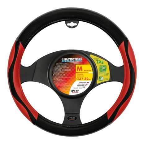 ΚΑΛΥΜΜΑ ΤΙΜΟΝΙΟΥ SILVERSTONE (M) 37/39 cm CARBON /ΜΑΥΡO-ΚΟΚΚΙΝΟ ΔΕΡΜΑΤΙΝΗ ΑΟΣΜΟ ECO-FRIENDLY Auto Moto Tyres 