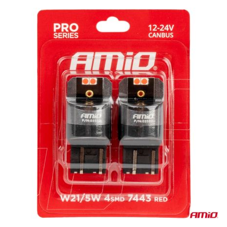 ΛΑΜΠΑΚΙΑ W21/5W 7443 12/24V 6.000K 4xSMD LED CAN-BUS ΚΟΚΚΙΝΟ PRO SERIES AMIO - 2 Τεμ. Auto Moto Tyres 