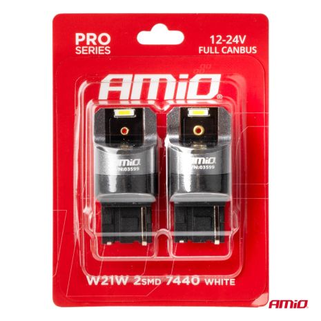 ΛΑΜΠΑΚΙΑ W21W 12/24V 6.000K 2SMD LED FULL CAN-BUS ΛΕΥΚΑ PRO SERIES AMIO - 2 Τεμ. Auto Moto Tyres 
