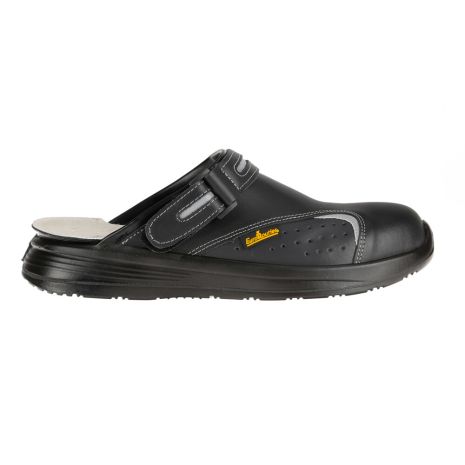 Πιστοποιημένα Παπούτσια Ασφαλείας Εργασίας σε στυλ Σαμπό Basic 2.0 από την Euroroutier σε μέγεθος EU42/UK8 σε Μαύρο Χρώμα με Λευκές Ραφές, Γκρι λεπτομέρεια και Λουράκι Αστραγάλου Auto Moto Tyres 