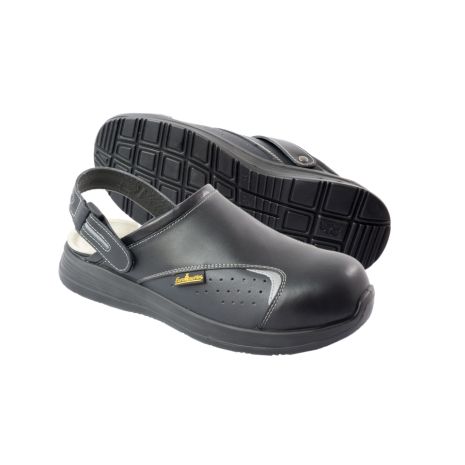 Πιστοποιημένα Παπούτσια Ασφαλείας Εργασίας σε στυλ Σαμπό Basic 2.0 από την Euroroutier σε μέγεθος EU42/UK8 σε Μαύρο Χρώμα με Λευκές Ραφές, Γκρι λεπτομέρεια και Λουράκι Αστραγάλου Auto Moto Tyres 