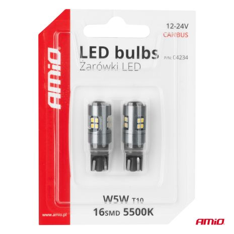 ΛΑΜΠΑΚΙΑ T10 W5W 12V/24V LED CAN-BUS 16xSMD 2016 ΛΕΥΚΟ ΦΩΣ 5.500K (ΣΕ ΧΡΩΜΑ ΧΡΩΜΙΟΥ) AMIO -  2 ΤΕΜ. Auto Moto Tyres 