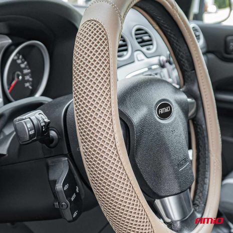 ΚΑΛΥΜΜΑ ΤΙΜΟΝΙΟΥ SWC-61 (M) 37>39cm ΜΠΕΖ ΜΕ ΤΡΥΠΗΤΟ ΣΧΕΔΙΟ ΣΤΑ ΠΛΑΙΝΑ AMIO - 1 ΤΕΜ. Auto Moto Tyres 