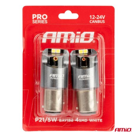ΛΑΜΠΑΚΙΑ P21/5W BAY15d 12/24V 6.000K 4xSMD LED CAN-BUS ΛΕΥΚΟ PRO SERIES AMIO - 2 Τεμ. Auto Moto Tyres 