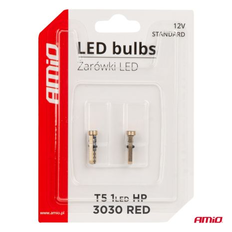 ΛΑΜΠΑΚΙΑ T5 W1W 12V 1SMD LED ΚΟΚΚΙΝΑ AMIO - 2 ΤΕΜ. Auto Moto Tyres 