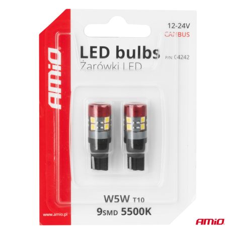 ΛΑΜΠΑΚΙΑ LED T10 W5W 12V/24V LED CAN-BUS 9xSMD 3030 ΛΕΥΚΟ ΦΩΣ 5.500K (ΣΕ ΧΡΩΜΑ ΚΟΚΚΙΝΟ-ΜΑΥΡΟ) AMIO - 2 ΤΕΜ. Auto Moto Tyres 