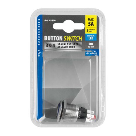 ΔΙΑΚΟΠΤΗΣ ΜΠΟΥΤΟΝ (BUTTON) 12/24V 5Amax 5PIN IP65 ON/OFF ME LED ΜΠΛΕ ΑΝΟΞΕΙΔΩΤΟ ΑΤΣΑΛΙ LAMPA - 1 TEM. Auto Moto Tyres 