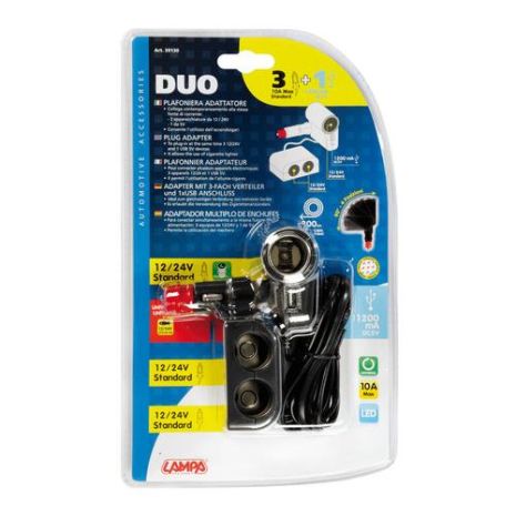 ΑΝΤΑΠΤΟΡΑΣ ΑΝΑΠΤΗΡΑ 3 ΘΕΣΕΩΝ+USB 10A ΜΕ ΚΑΛΩΔΙΟ 200cm 12/24V DUO 3in1 Auto Moto Tyres 