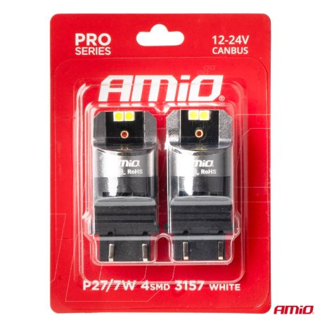 ΛΑΜΠΕΣ P27/7W 12/24V 6.000K 4SMD LED CAN-BUS ΛΕΥΚΑ PRO SERIES AMIO - 2 ΤΕΜ. Auto Moto Tyres 