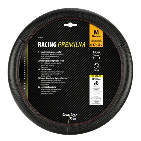 ΚΑΛΥΜΜΑ ΤΙΜΟΝΙΟΥ RACING PREMIUM RED (M) 37-39cm ΣΥΝΘΕΤΙΚΟ ΔΕΡΜΑ SKEENTEX ΜΑΥΡΟ/ΚΟΚΚΙΝΟ/ CARBON LOOK LAMPA - 1 ΤΕΜ. Auto Moto Tyres 