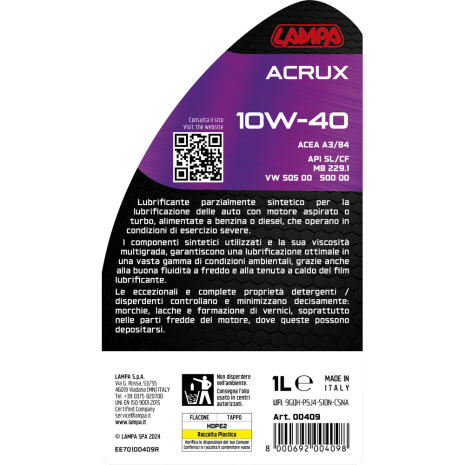 ΛΑΔΙ ΚΙΝΗΤΗΡΑ 10W-40 ACRUX ΗΜΙΣΥΝΘΕΤΙΚΟ GENERAL USE 1L LAMPA - 1 ΤΕΜ. Auto Moto Tyres 