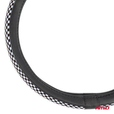 ΚΑΛΥΜΜΑ ΤΙΜΟΝΙΟΥ SWC-60 (M) 37>39cm ΜΑΥΡΟ ΜΕ ΣΧΕΔΙΟ ΑΣΠΡΟΜΑΥΡΗ ΣΚΑΚΙΕΡΑ AMIO - 1 ΤΕΜ. Auto Moto Tyres 