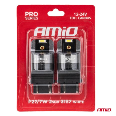 ΛΑΜΠΑΚΙΑ P27/7W 3157 12/24V 6.000K 2xSMD LED FULL CAN-BUS ΛΕΥΚΟ PRO SERIES AMIO - 2 Τεμ. Auto Moto Tyres 