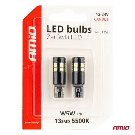ΛΑΜΠΑΚΙΑ T10 W5W 12V/24V LED CAN-BUS 13xSMD 3030 ΛΕΥΚΟ 5500K ΑΜΙΟ - 2 ΤΕΜ. Auto Moto Tyres 