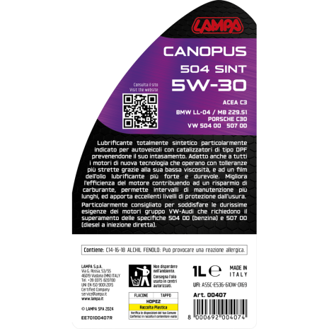 ΛΑΔΙ ΚΙΝΗΤΗΡΑ SW-30 CANOPUS 504 SINT ΣΥΝΘΕΤΙΚΟ TOP PERFORMANCE 1L LAMPA - 1 ΤΕΜ. Auto Moto Tyres 