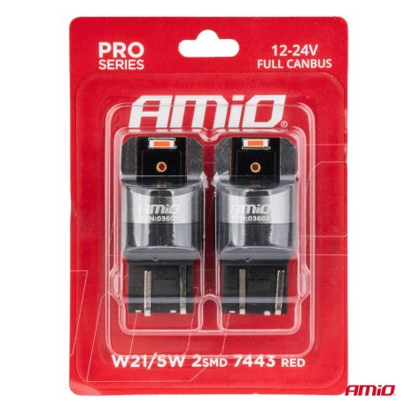 ΛΑΜΠΑΚΙΑ W21/5W 7443 12/24V 6.000K 2xSMD LED FULL CAN-BUS ΚΟΚΚΙΝΟ PRO SERIES  AMIO - 2 Τεμ. Auto Moto Tyres 