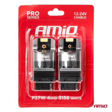 ΛΑΜΠΕΣ P27W 12/24V 6.000K 4SMD LED CAN-BUS ΛΕΥΚΑ PRO SERIES AMIO - 2 ΤΕΜ. Auto Moto Tyres 