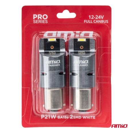 ΛΑΜΠΕΣ P21W BA15S 12/24V 6.000K 2xSMD LED FULL CAN-BUS (ΜΕ ΑΝΕΜΙΣΤΗΡΑΚΙ) ΛΕΥΚΟ PRO SERIES AMIO - 2 ΤΕΜ. Auto Moto Tyres 