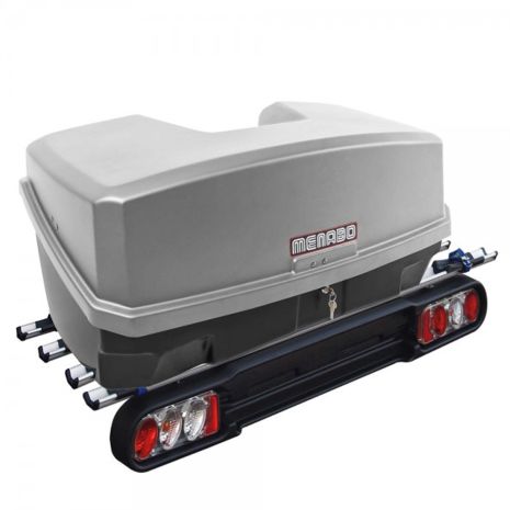 Πλήρες σετ με Βάση Ποδηλάτου Κοτσαδόρου RACE 4  για 4 ποδήλατα ή 1 E-bike και Μπαγκαζιέρα Κοτσαδόρου Nekkar Silver 300 σε ασημί με μαύρο χρώμα και ματ ανάγλυφη υφή Menabo - 2 τεμ. Auto Moto Tyres 