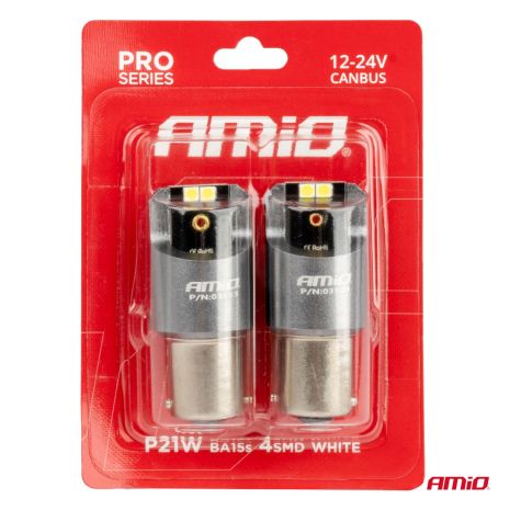 ΛΑΜΠΕΣ LED CAN-BUS P21W BA15S 12/24V 6.000K 4xSMD ΛΕΥΚΟ PRO SERIES AMIO - 2 ΤΕΜ. Auto Moto Tyres 