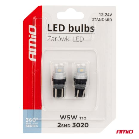 ΛΑΜΠΑΚΙΑ T10 W5W 12/24V 2x3020 SMD LED ΛΕΥΚΟ PURE LIGHT SERIES AMIO - 2 Τεμ. Auto Moto Tyres 