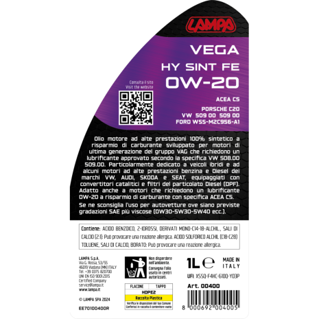 ΛΑΔΙ ΚΙΝΗΤΗΡΑ OW-20 VEGA HY SINT FE ΣΥΝΘΕΤΙΚΟ ACEA C5 FUEL ECONOMY 1L LAMPA - 1 ΤΕΜ. Auto Moto Tyres 