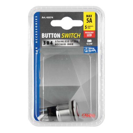 ΔΙΑΚΟΠΤΗΣ ΜΠΟΥΤΟΝ (BUTTON) 12/24V 5Amax 5PIN IP65 ON/OFF ME LED ΚΟΚΚΙΝΟ ΑΝΟΞΕΙΔΩΤΟ ΑΤΣΑΛΙ​ LAMPA - 1 TEM. Auto Moto Tyres 