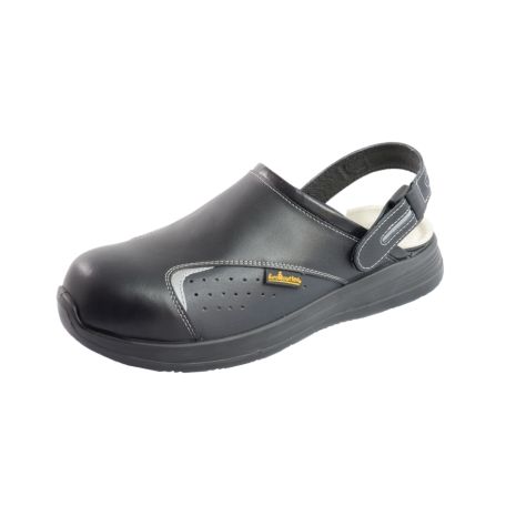 Πιστοποιημένα Παπούτσια Ασφαλείας Εργασίας σε στυλ Σαμπό Basic 2.0 από την Euroroutier σε μέγεθος EU43/UK9 σε Μαύρο Χρώμα με Λευκές Ραφές, Γκρι λεπτομέρεια και Λουράκι Αστραγάλου Auto Moto Tyres 