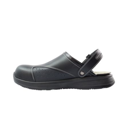 Πιστοποιημένα Παπούτσια Ασφαλείας Εργασίας σε στυλ Σαμπό Basic 2.0 από την Euroroutier σε μέγεθος EU42/UK8 σε Μαύρο Χρώμα με Λευκές Ραφές, Γκρι λεπτομέρεια και Λουράκι Αστραγάλου Auto Moto Tyres 