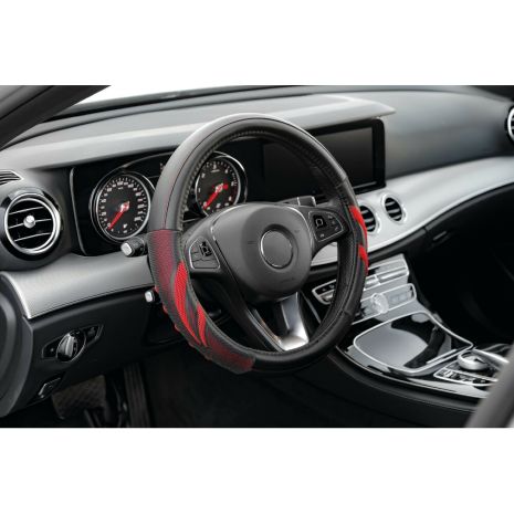 ΚΑΛΥΜΜΑ ΤΙΜΟΝΙΟΥ SUZUKA (M) 37/39cm ΔΕΡΜΑΤΙΝΗ ΜΑΥΡΟ/ΚΟΚΚΙΝΟ ΑΟΣΜΟ ECO-FRIENDLY Auto Moto Tyres 