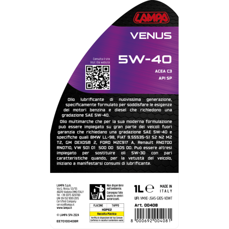 ΛΑΔΙ ΚΙΝΗΤΗΡΑ SW-40 VENUS ΣΥΝΘΕΤΙΚΟ UNIVERSAL 1L LAMPA - 1 ΤΕΜ. Auto Moto Tyres 