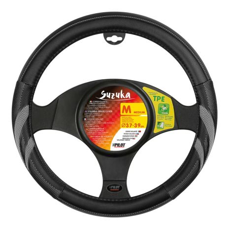 ΚΑΛΥΜΜΑ ΤΙΜΟΝΙΟΥ SUZUKA (M) 37/39cm ΔΕΡΜΑΤΙΝΗ ΜΑΥΡΟ/ΓΚΡΙ ΑΟΣΜΟ ECO-FRIENDLY Auto Moto Tyres 