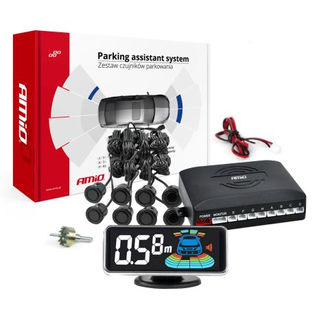 ΣΥΣΤΗΜΑ ΠΑΡΚΑΡΙΣΜΑΤΟΣ 12V ΜΕ 8 ΔΙΑΙΡΟΥΜΕΝΟΥΣ ΑΙΣΘΗΤΗΡΕΣ ΣΕ MAYΡΟ ΧΡΩΜΑ ΤΥΠΟΥ GOLD 18mm ΚΑΙ ΟΘΟΝΗ LED  ΑΜΙΟ - 1 τεμ. Auto Moto Tyres 