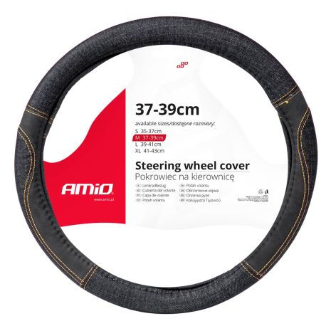 ΚΑΛΥΜΜΑ ΤΙΜΟΝΙΟΥ ΜΑΥΡΟ ΤΖΙΝ/DENIM (M) 37-39cm SWC-52-M ΜΕ ΜΑΥΡΕΣ & ΚΙΤΡΙΝΕΣ ΡΑΦΕΣ AMIO - 1 Τεμ. Auto Moto Tyres 