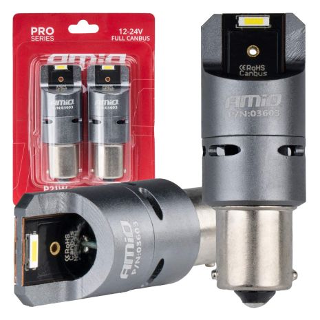 ΛΑΜΠΕΣ P21W BA15S 12/24V 6.000K 2xSMD LED FULL CAN-BUS (ΜΕ ΑΝΕΜΙΣΤΗΡΑΚΙ) ΛΕΥΚΟ PRO SERIES AMIO - 2 ΤΕΜ. Auto Moto Tyres 