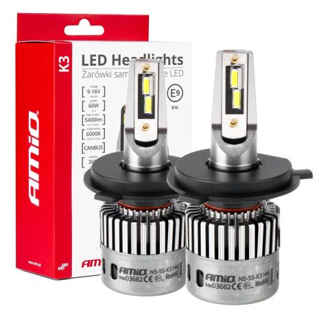 ΛΑΜΠΕΣ H4 9>16V 6.000K 5.400lm 60W K3 SERIES LED CAN-BUS (ΜΕ ΨΥΚΤΡΑ) AMIO - 2 Τεμ. Auto Moto Tyres 