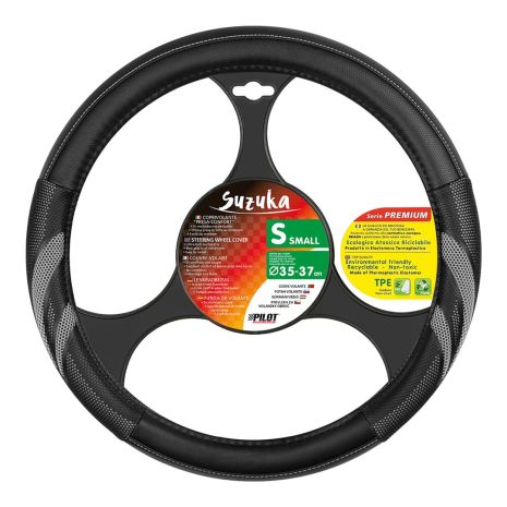 ΚΑΛΥΜΜΑ ΤΙΜΟΝΙΟΥ SUZUKA (S) 35/37cm ΔΕΡΜΑΤΙΝΗ ΜΑΥΡΟ/ΓΚΡΙ ΑΟΣΜΟ ECO-FRIENDLY Auto Moto Tyres 
