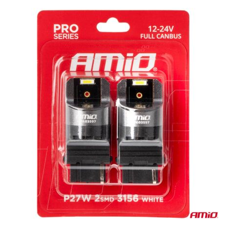 ΛΑΜΠΑΚΙΑ P27W 12/24V 6.000K 2SMD LED FULL CAN-BUS ΛΕΥΚΟ PRO SERIES AMIO - 2 Τεμ. Auto Moto Tyres 