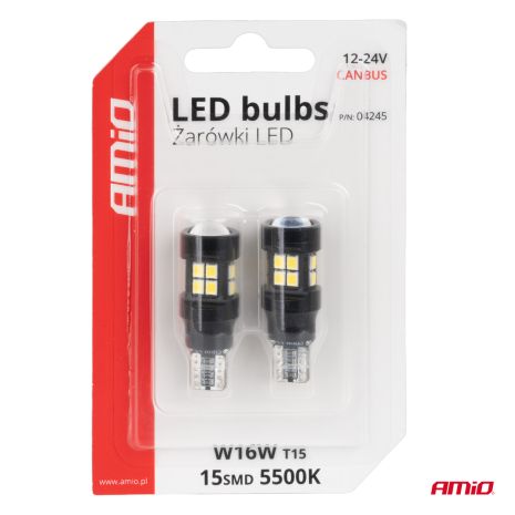 ΛΑΜΠΑΚΙΑ LED T15 W16W 12V/24V LED CAN-BUS 15xSMD 2835 ΛΕΥΚΟ ΦΩΣ 5.500K (ΣΕ ΧΡΩΜΑ ΜΑΥΡΟ) AMIO - 2 ΤΕΜ. Auto Moto Tyres 