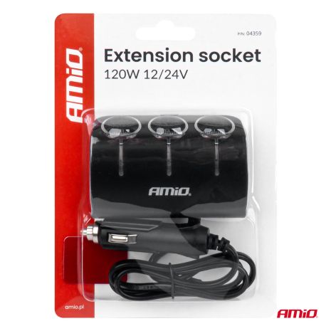 ΑΝΤΑΠΤΟΡΑΣ ΑΝΑΠΤΗΡΑ 12/24V 120W ΜΑΥΡΟΣ/3 ΘΕΣΕΙΣ/ΚΑΛΩΔΙΟ 80cm AMIO - 1 Τεμ. Auto Moto Tyres 