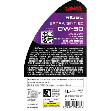 ΛΑΔΙ ΚΙΝΗΤΗΡΑ 0W30 ΓΙΑ DIESEL (PEUGEOT/CITROEN/DS/TOYOTA) ΣΥΝΘΕΤΙΚΟ EURO 4/5/6 1LT LAMPA - 1τεμ. Auto Moto Tyres 