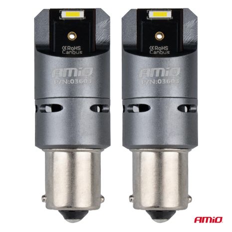 ΛΑΜΠΕΣ P21W BA15S 12/24V 6.000K 2xSMD LED FULL CAN-BUS (ΜΕ ΑΝΕΜΙΣΤΗΡΑΚΙ) ΛΕΥΚΟ PRO SERIES AMIO - 2 ΤΕΜ. Auto Moto Tyres 