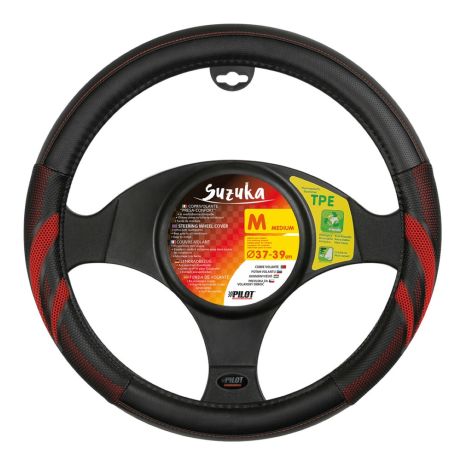 ΚΑΛΥΜΜΑ ΤΙΜΟΝΙΟΥ SUZUKA (M) 37/39cm ΔΕΡΜΑΤΙΝΗ ΜΑΥΡΟ/ΚΟΚΚΙΝΟ ΑΟΣΜΟ ECO-FRIENDLY Auto Moto Tyres 