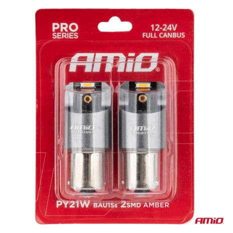 ΛΑΜΠΑΚΙΑ PY21W BAU15s 12/24V 6.000K 2xSMD LED FULL CAN-BUS ΠΟΡΤΟΚΑΛΙ PRO SERIES AMIO - 2 Τεμ. Auto Moto Tyres 