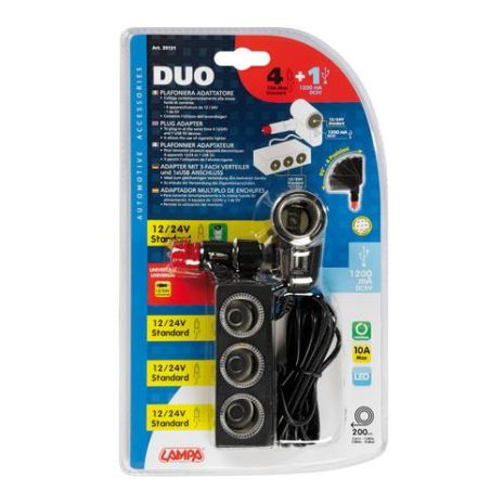 ΑΝΤΑΠΤΟΡΑΣ ΑΝΑΠΤΗΡΑ 4 ΘΕΣΕΩΝ+USB 10A ΜΕ ΚΑΛΩΔΙΟ 200cm 12/24V DUO 4in1 Auto Moto Tyres 